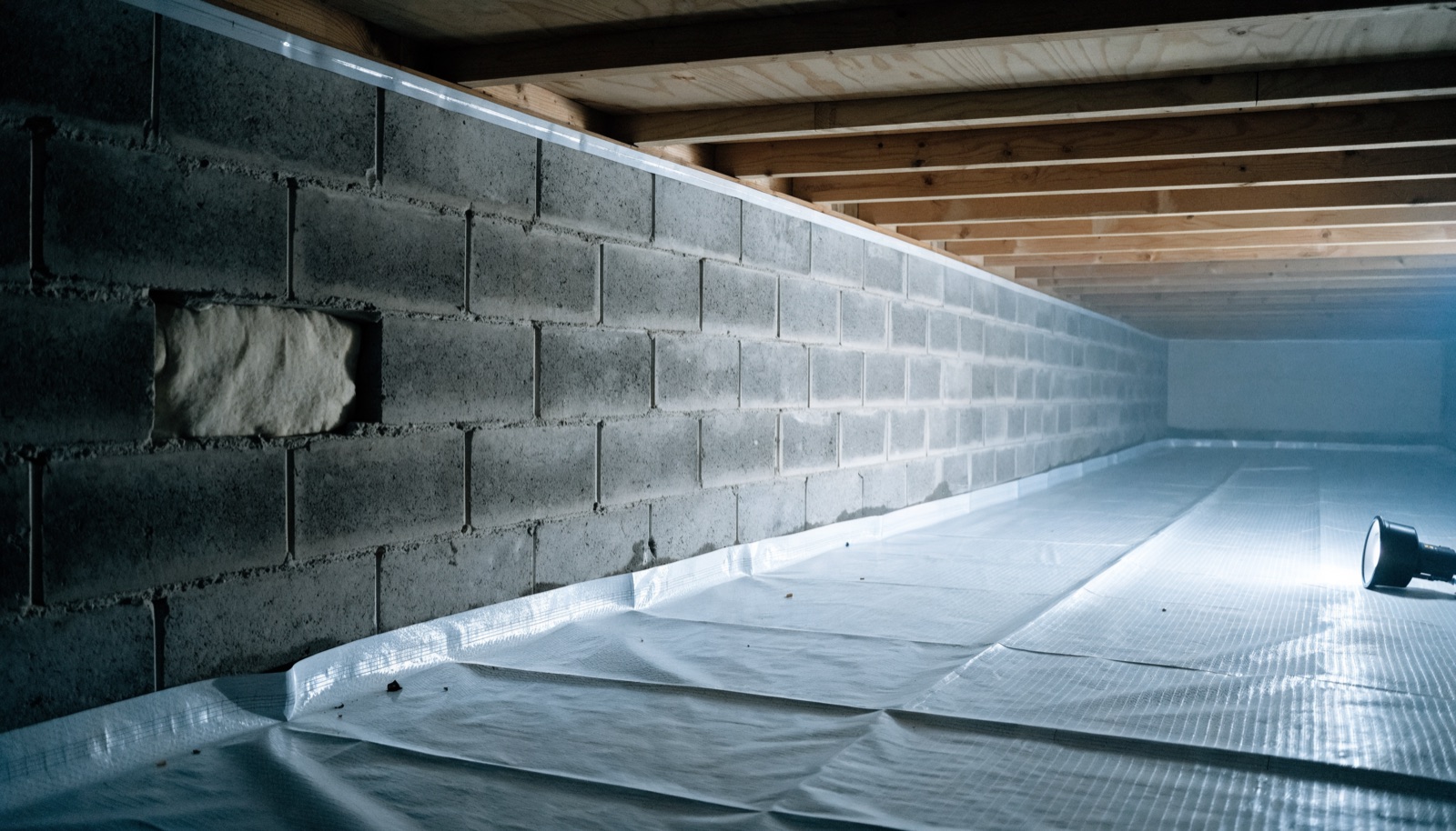 A sealed crawl space with a heavy white liner across the ground and taped up the block foundation walls, wooden joists overhead